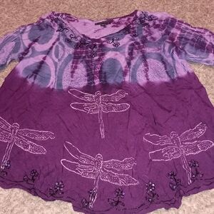Women's Greater Good Tunic Top Size Large Color Purple Pink Shiny Floral Pretty